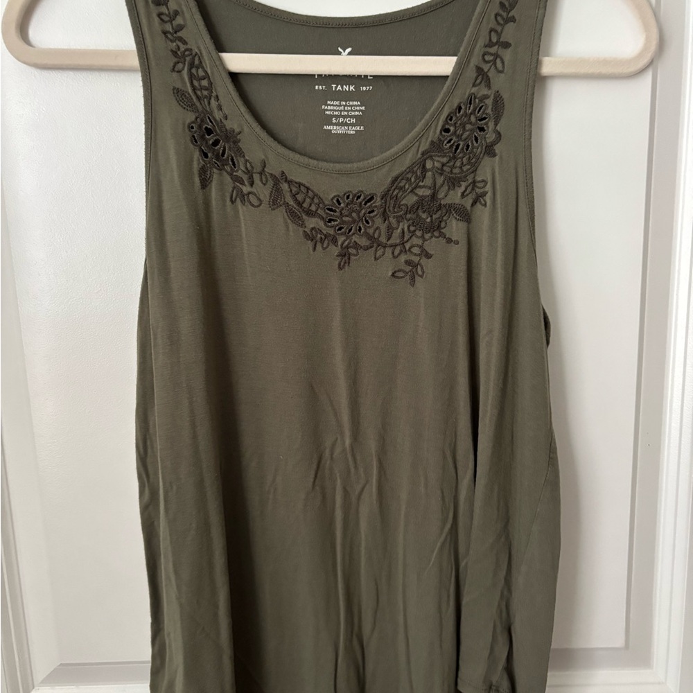 American Eagle Outfitters Khaki Embroidered Tank Top
